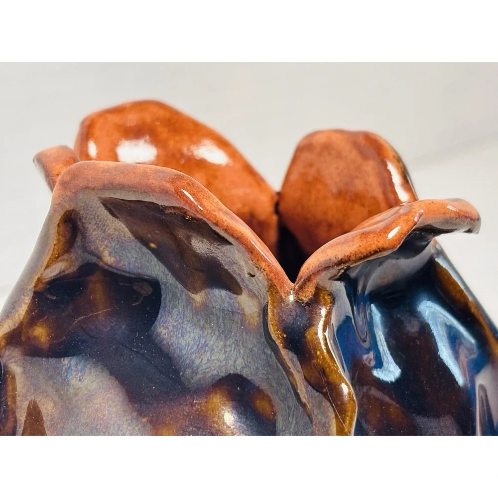 Vintage Evangeline Style Reactive Glaze Flower Petal‎ Pottery Vase Brown Orange